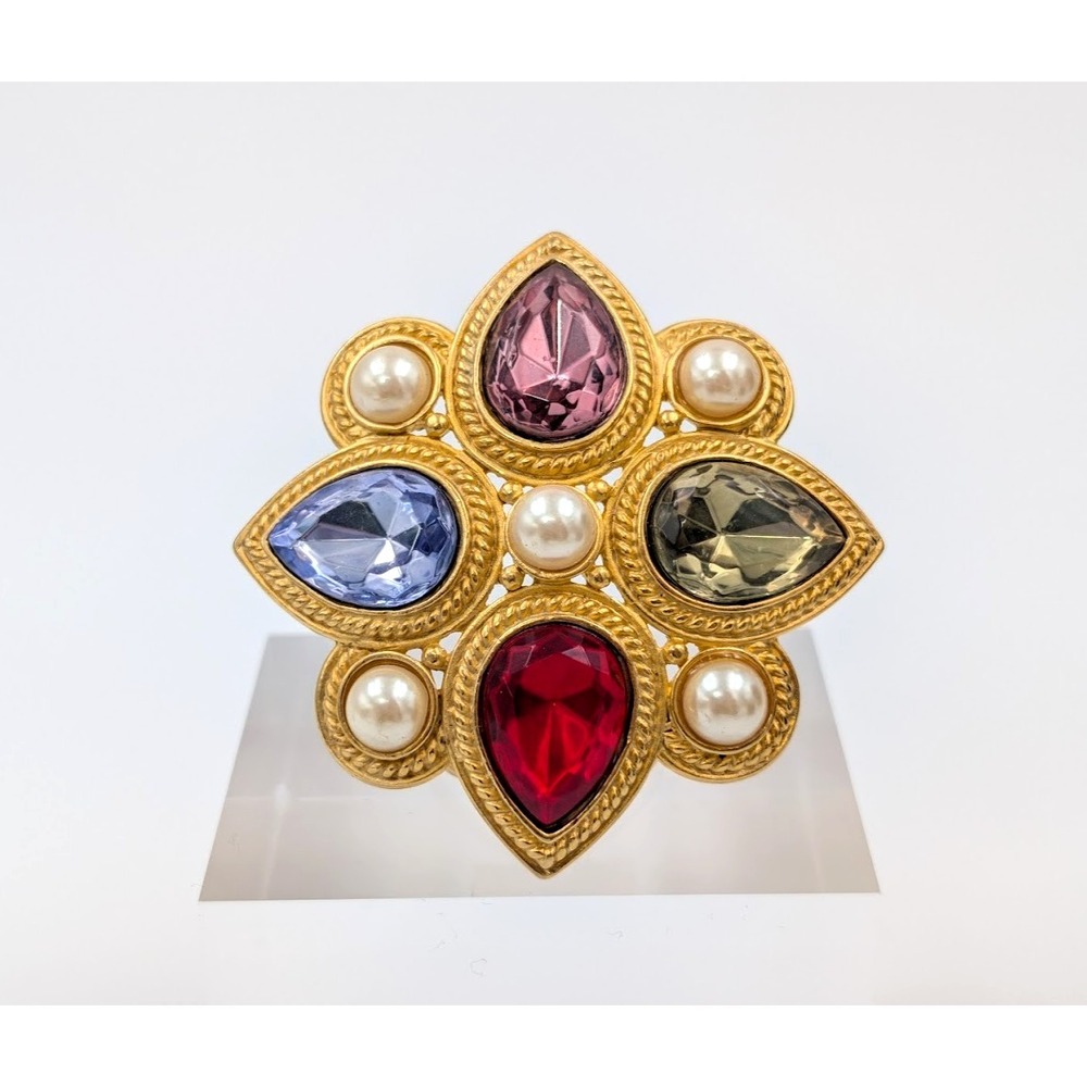 Vintage TAT Teardrop Rhinestones Scarf Clip Holder Gold Tone Signed